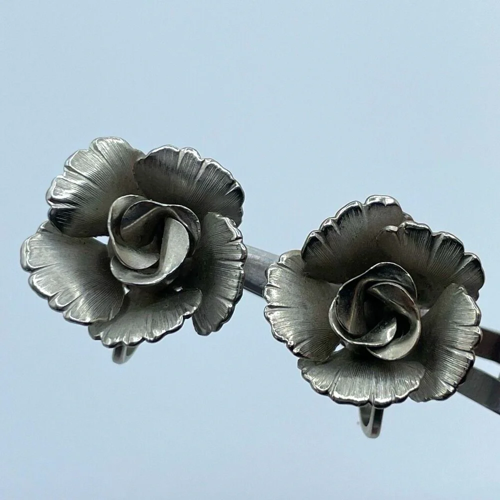 Vintage Lisner Rose Silver Tone Stud Clip On Statement Art Deco Earrings Floral